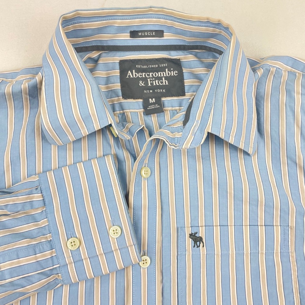 Abercrombie & Fitch Mens Muscle‎ Fit Striped Button Down Shirt Blue Tan Medium